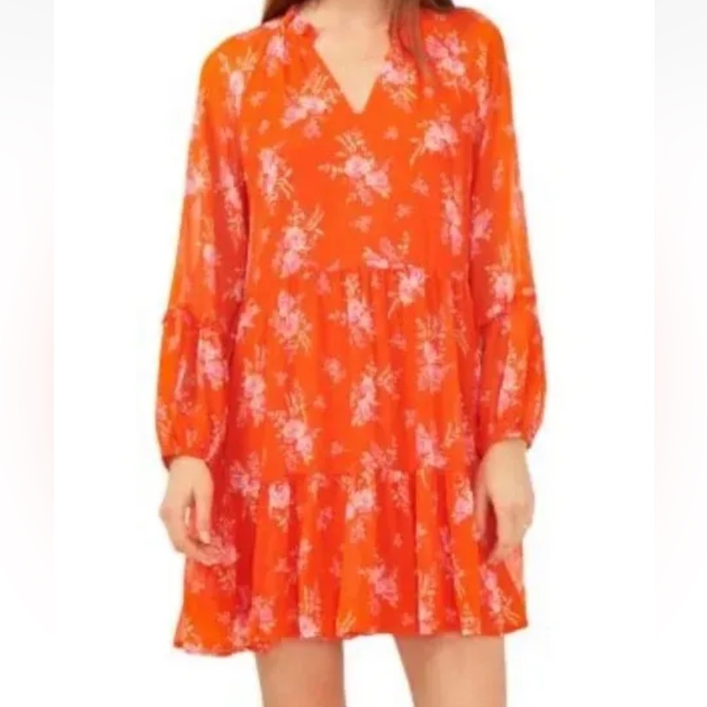 NWT Vince Camuto Tiered Mini Dress Ruffle Orange/Pink Sz M Medium Sheer Overlay